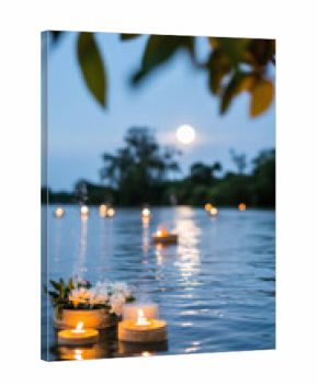 Asian festival Yi Peng lanterns floating on water at night, background