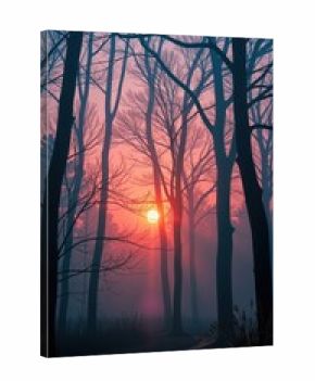 Crimson dawn breaks through a mist-shrouded woodland, painting ancient trees in ethereal light, light, mist