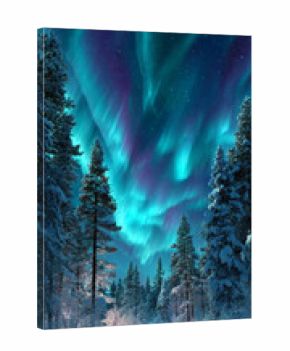 Aurora borealis above snowy pine forest, vivid colors and symmetry. Mobile phone wallpaper concept.