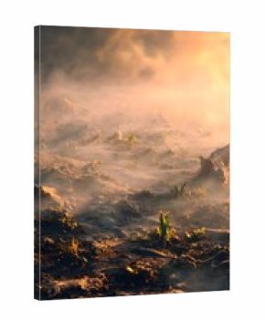 Volcanic Wasteland Hopeful Dawn Emerges Amidst Ash Golden Light Inspires New Life