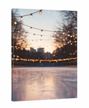 Evening serenity envelops an empty outdoor ice skating rink as soft snowfall adds a magical touch beneath glowing string lights