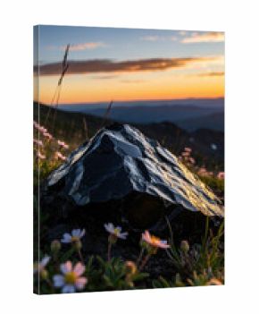 Glossy black obsidian rock surrounded by wildflowers on a mountain slope at sunset with scenic distant valley and glowing sky