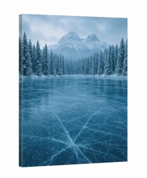 Serene icy landscape with mountains.