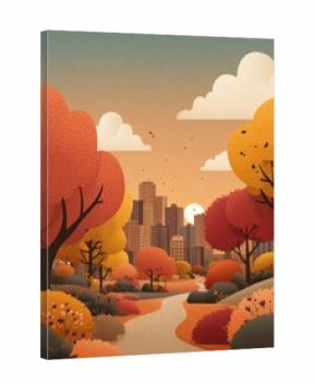 Autumn city park scene with orange trees, buildings, and winding path in warm sunset tones