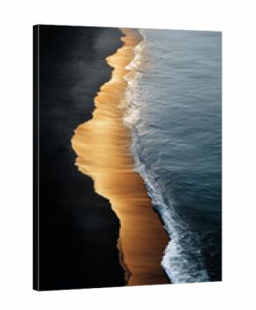 a long shot of the edge between black sand and water, with golden light shining on it, dark background, top view, beautiful composition,
