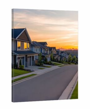 Beautiful sunset casting long shadows over a quiet suburban neighborhood filled with modern houses and well-kept lawns vertical 