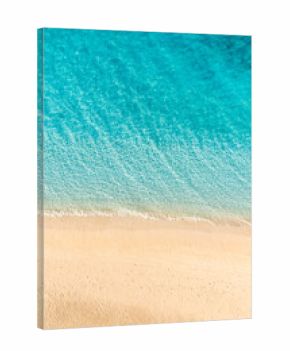 Minimalist vertical abstract bright turquoise ocean water shallow waves breaking pristine white sandy shore Perfect serene nature background empty. Luxury summer travel destination design wall art