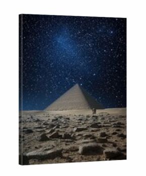 Giza's great pyramid and sphinx under the enchanting glow of a full moon, revealing ancient wonders and starry skies at nighttime