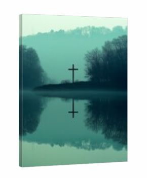 A peaceful and tranquil scene featuring a cross vividly reflected in the calm waters, surrounded by gentle morning fog