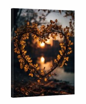 Heart-shaped Frame of Autumn Leaves at Sunset Near a Calm Lake