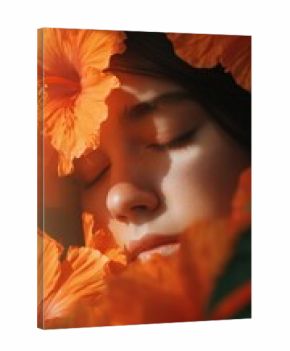 Close-up of a Girl Surrounded by Vibrant Orange Hibiscus Flowers in Soft Light