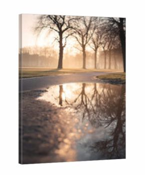 水たまりに映る木々と夕日の反射