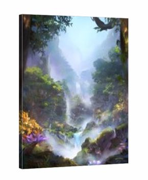 Enchanting fantasy realm illustration magical woods waterfalls temples atmospheric concept art design