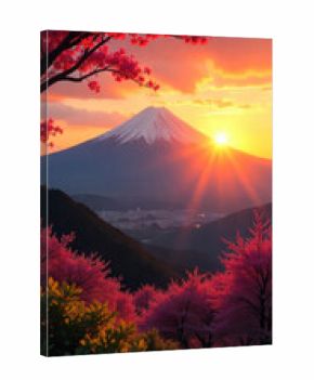Mount Fuji at sunset framed by cherry blossoms a scenic landscape of Japan