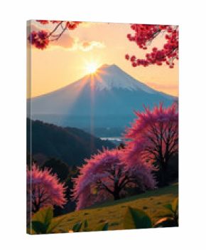 Mount Fuji with cherry blossoms in spring a scenic view of Japan at sunset perfect for travel and tourism promotions