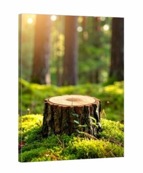 A tree stump sits in a sun-dappled forest clearing, surrounded by moss and verdant foliage, with blurred trees in the background