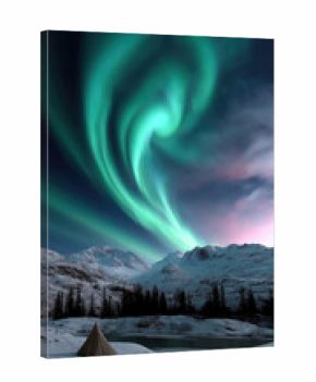 Spiral aurora borealis glows above snowy mountain landscape, tent near frozen lake, tranquil winter night, magical sky