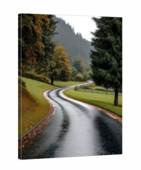 Winding wet road through autumn countryside with green grass, pine trees, and distant hills on rainy day