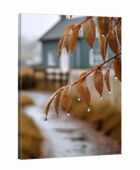 Autumn leaf with raindrops hanging over rural path, blurred house in background, tranquil rainy countryside scene