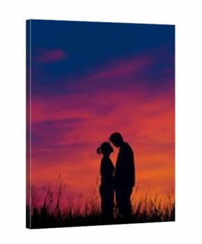 Couple embraces in silhouette against a colorful sunset sky in a serene field