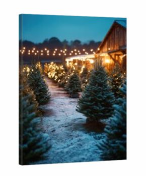 Outdoor Christmas tree market with rows of snowy firs, warm string lights, and wooden huts. Buying holiday trees in a cozy winter setting with festive glow and peaceful mood.