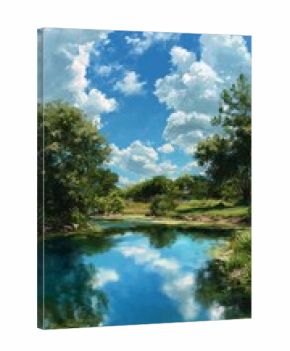 Serene Landscape View of a Vibrant Green Lake Under a Bright Blue Sky With Fluffy Clouds