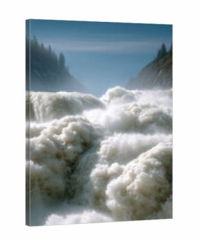 Powerful waterfall crashing through rocky canyon under clear blue sky, mist rising, dramatic natural landscape, energetic and wild