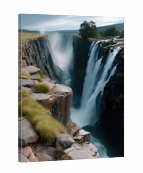 Majestic waterfall plunges over rugged cliff with mist rising, surrounded by lush greenery and dramatic rock formations