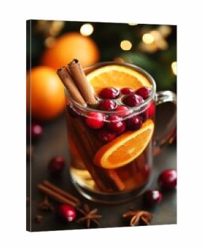Mulled wine, using cinnamon, oranges, and cranberries in hot water with cinnamon sticks.