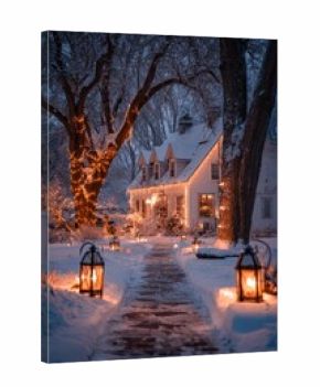 Elegant House Adorned With Christmas Lights and Warm Lanterns Along a Snowy Path Creates a Cozy Winter Scene for Your Phone Wallpaper