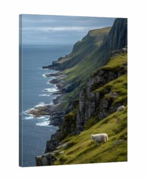 Sheep stand on a grassy cliff ledge above the grey Atlantic, wind sweeping through rugged Irish coastal hills and distant ocean.