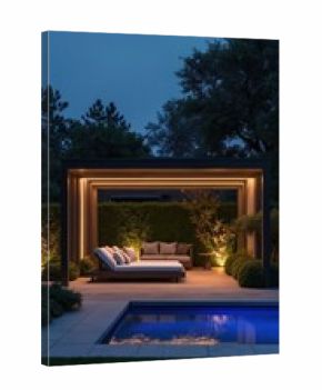 Luxurious outdoor patio with modern pergola, comfortable sofa, chaise lounge, swimming pool. Evening lights illuminate wooden deck, green plants creating tranquil ambiance for relaxation