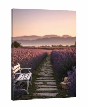 Serene Lavender Field Path with White Bench and Basket at Sunrise Tranquil French Countryside