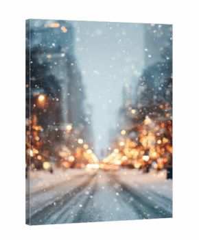 vertical snowy winter city street with bright golden bokeh and traffic lights