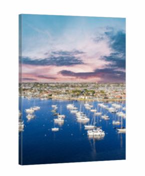 Aerial shot of boats and yachts in the Newport Bay in Newport Beach California USA