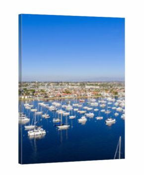 Aerial shot of boats and yachts in the Newport Bay in Newport Beach California USA