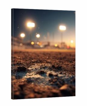 Macro Shot of Dirt Textures Near Home Plate with Stadium Lights in Background