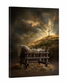 Empty Manger with Cross on the Hill – AI Generative