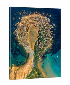 Aerial top view of rock. Mediterranean sea, hills. Malta island