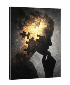 young person thinking with glowing puzzle mind on grungy background no logos no brands ar 34