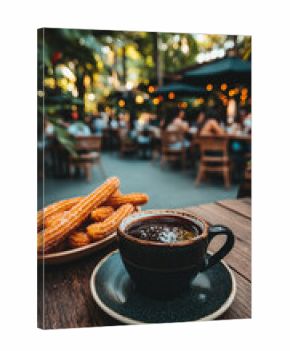Lively city cafe scene featuring churros and warm drinks at dusk