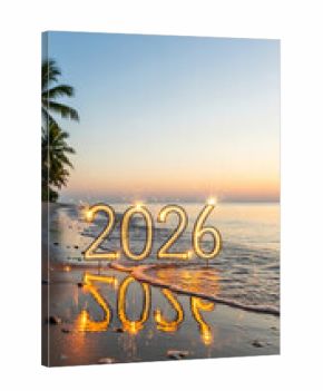 Image shows number 2026 made of sparklers on a sandy beach near the ocean at sunset, representing future year celebration, holiday, greeting