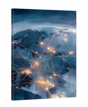 Global business network illustration radiating energy across connected cities on a world map