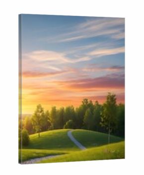 Serene landscape of a sunset over a lush green golf course with vibrant flowers and trees