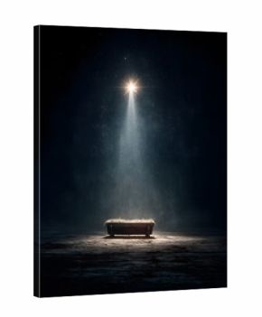 conceptual nativity scene featuring an empty wooden manger under a radiant bright star symbolizing anticipation and hope