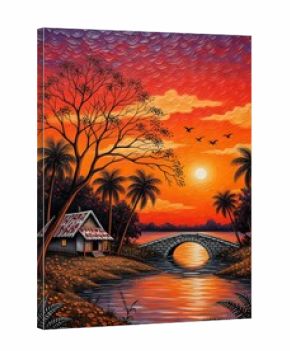 Rural village and sunset over the river