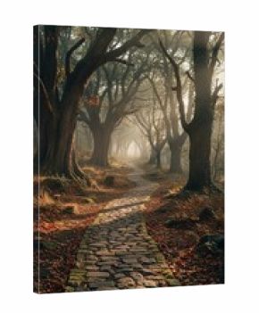Winding cobblestone path meanders through a mystical autumn forest bathed in soft morning light and ethereal fog, creating a serene and enchanting scene.