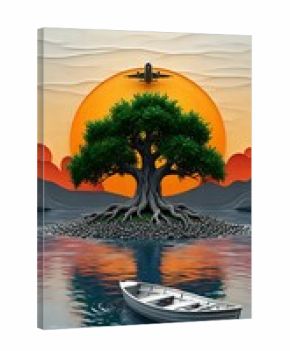 Boat on the river and a plane flying over a tree 