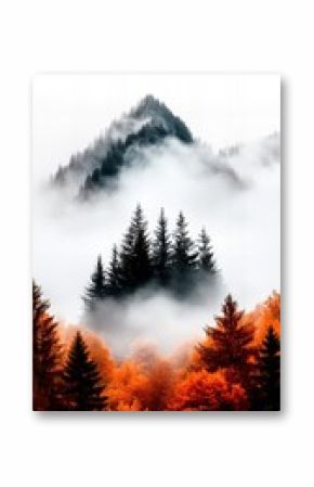 A misty mountain scene with a forest in the foreground. The trees are a mix of evergreens and deciduous trees, with the deciduous trees displaying vibrant fall colors.