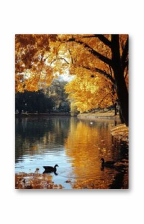 Tranquil autumn reflection in a serene lake surrounded by vivid orange trees